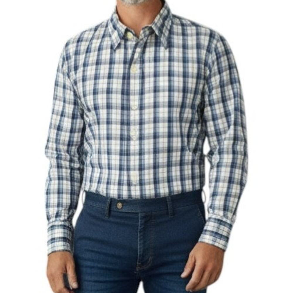 J. Crew Shirt Washed Tailored Fit Men M Blue Plaid Long Sleeve Collar Stay